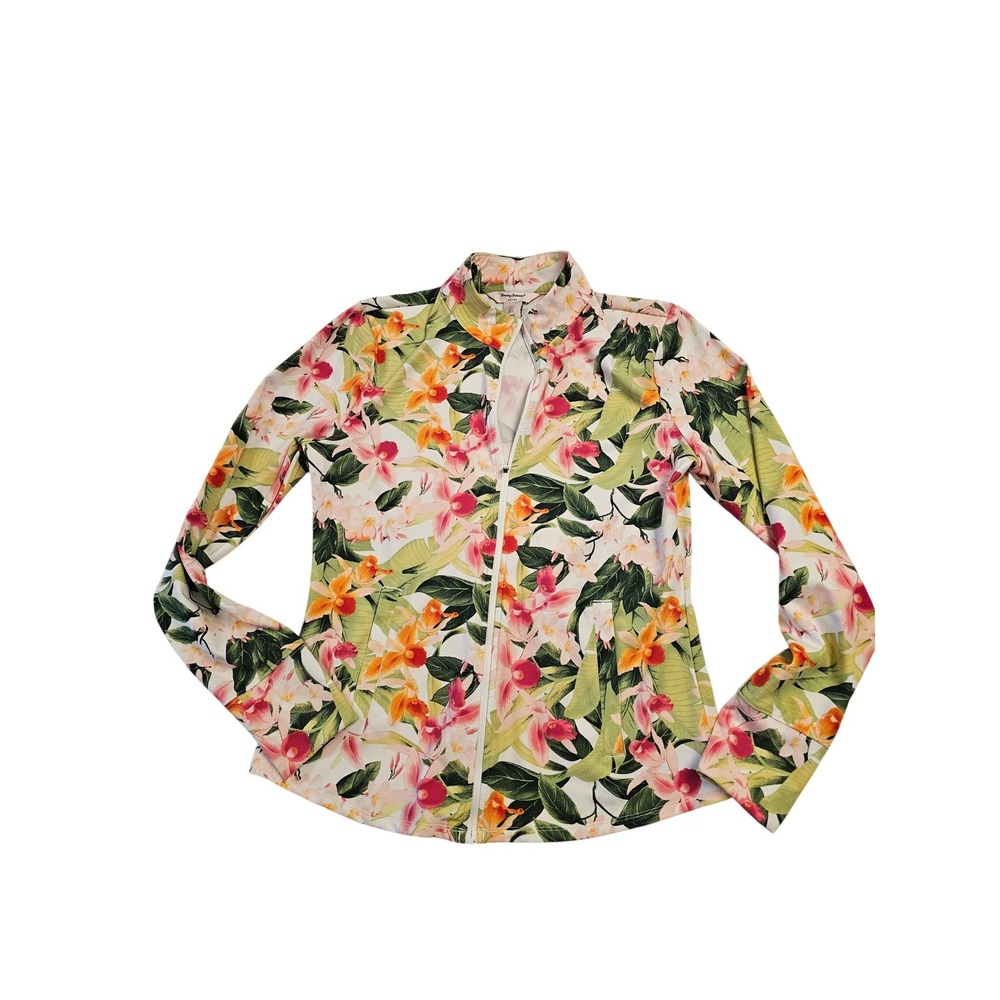 Tommy‎ Bahama Active Womens Large Floral Tropical Full Zip Jacket Mock Neck 5393